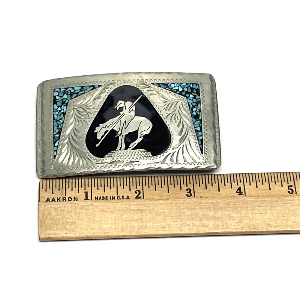 Indian On Horse End Of Trail Belt Buckle DT Handcrafted Turquoise Inlay 99g